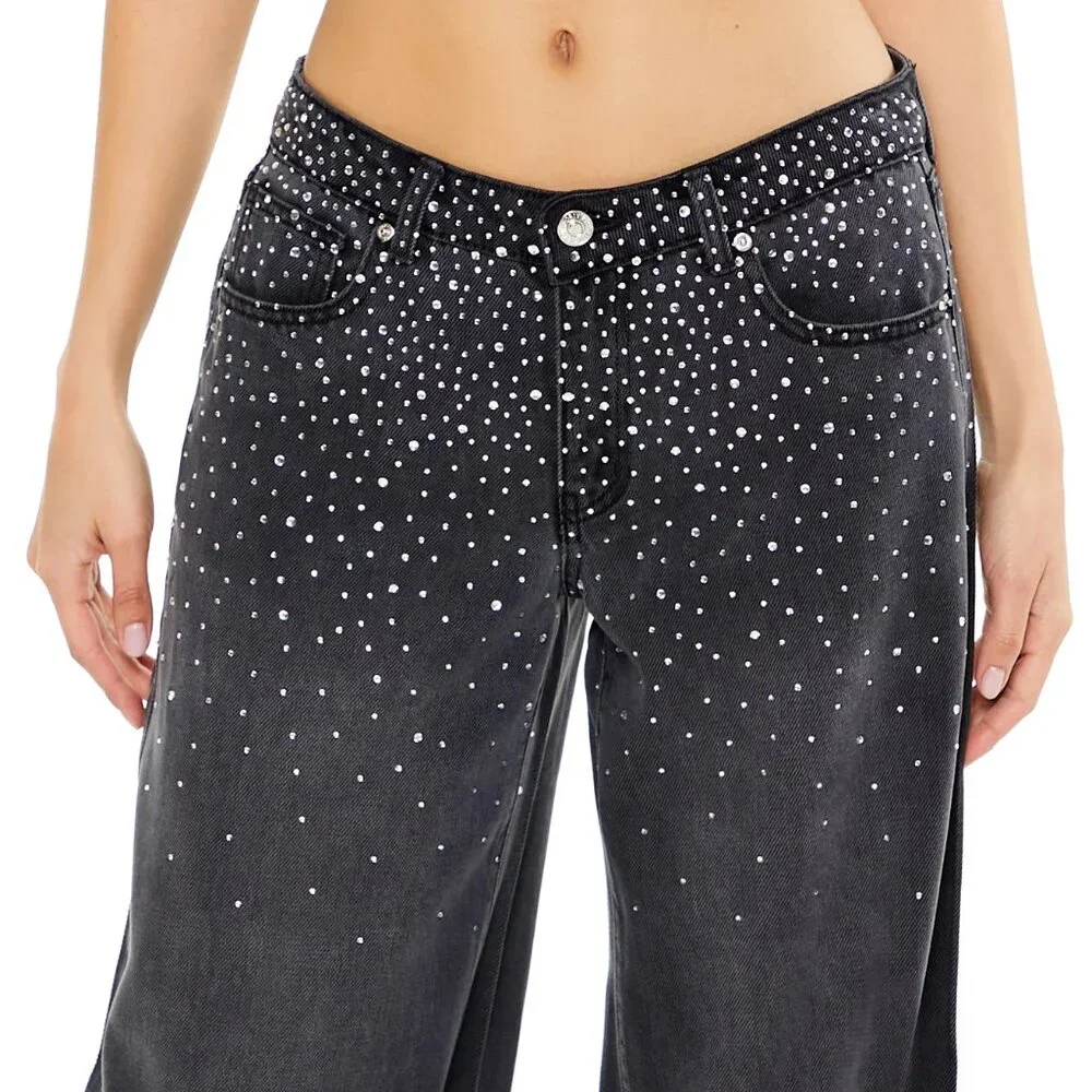 New! Forever 21 Rhinestone Low Rise Baggy Jeans Black Denim Size 30 Pants - Picture 3 of 4